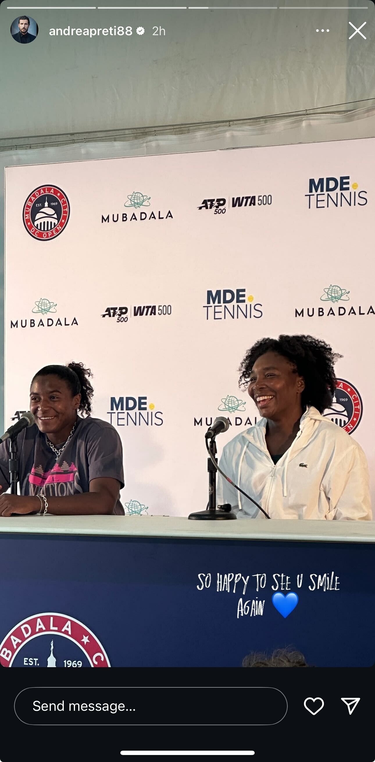 Preti's Instagram Story featuring Williams and Baptiste at a 2025 Mubadala Citi DC Open press conference (Source: Instagram/andreapreti88)